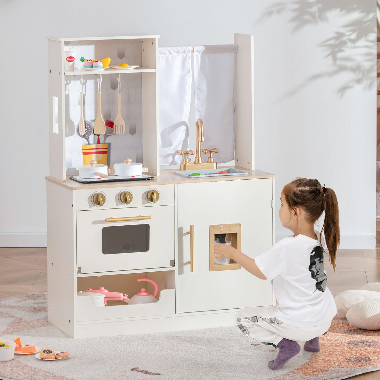 INFANS Kid Kitchen Playset, Toddler Wooden Pretend Cooking Set with Stove, Sink, Microwave, Storage Cabinet, Play Kitchen Toy Set for Children Boys Girls INFANS