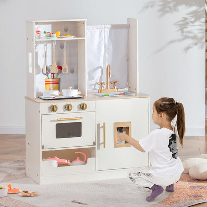 INFANS Kid Kitchen Playset, Toddler Wooden Pretend Cooking Set with Stove, Sink, Microwave, Storage Cabinet, Play Kitchen Toy Set for Children Boys Girls