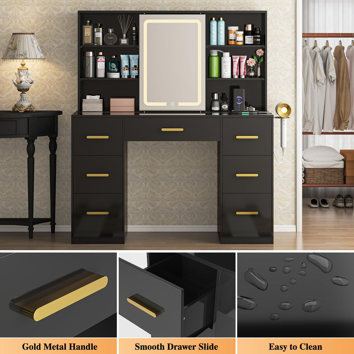 47'' W Large Vanity Desk with Mirror and Lights, 8 Storage Shelves 7 Drawers Vanity Table, Big Makeup Vanity Desk with 3 Lighting Modes, Vanity Dresser with Charging Station, Sliding Mirror (Black) knoworld