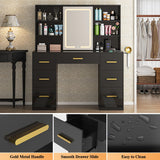 47'' W Large Vanity Desk with Mirror and Lights, 8 Storage Shelves 7 Drawers Vanity Table, Big Makeup Vanity Desk with 3 Lighting Modes, Vanity Dresser with Charging Station, Sliding Mirror (Black) knoworld