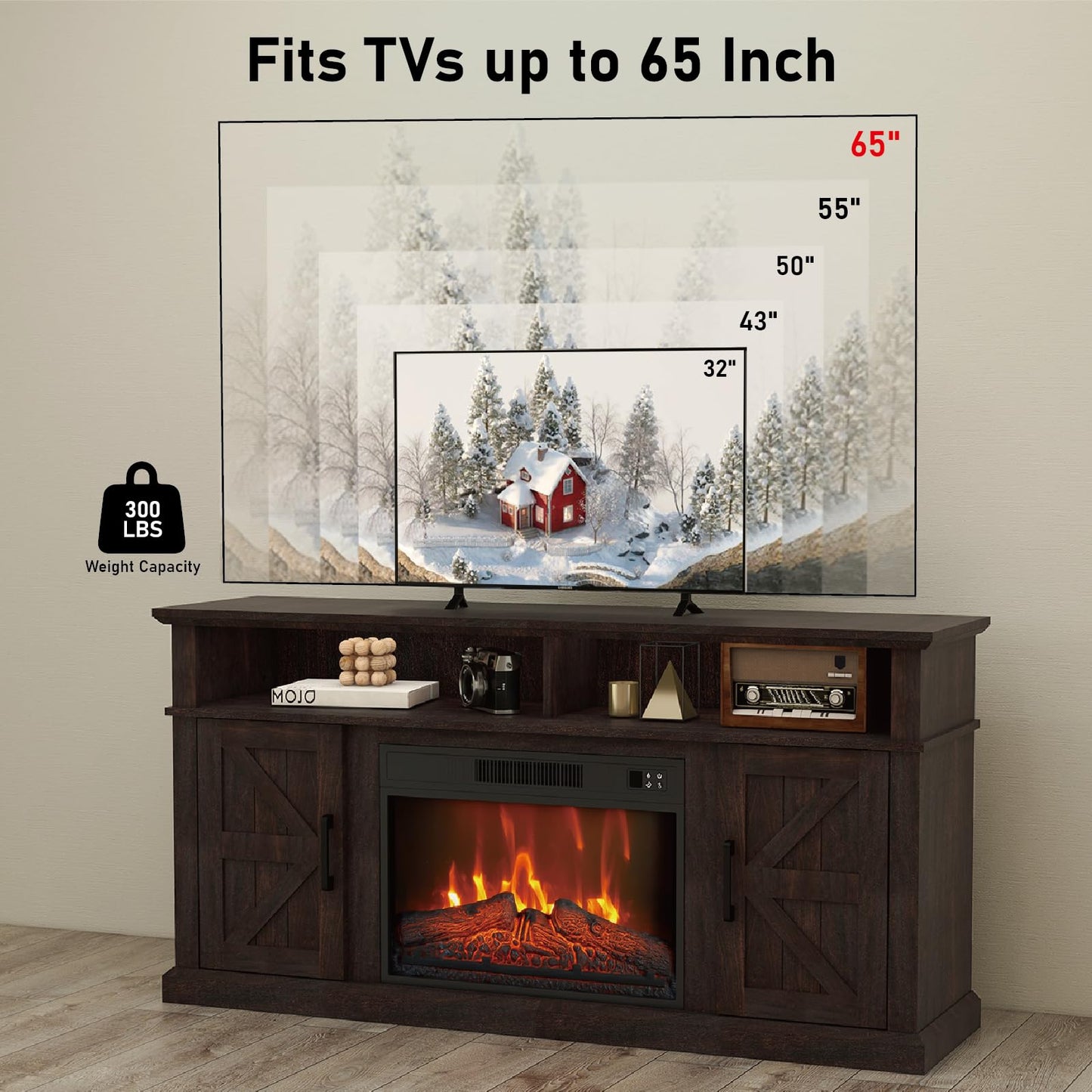 Luban Nese Fireplace TV Stand for TVs Up to 65" with 23" Electric Fireplace, Entertainment Center with Storage Cabinet and Open Shelves, Media Console with Barn Doors for Living Room (Espresso)