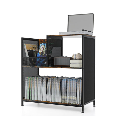 Large Record Player Stand with Vinyl Storage, 3-Tier Vinyl Record Storage for 300 Albums, Wood & Metal Turntable Stand with Custom Dividers for Vinyl Records, CDs, Albums, Black Buruis