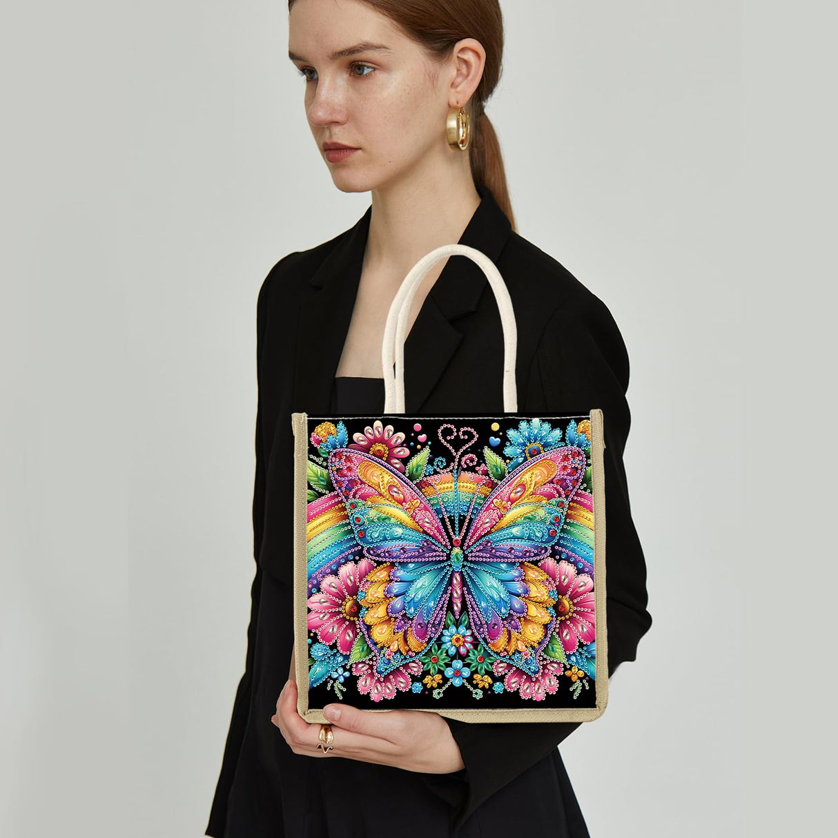 MVVMTOP Diamond Painting Kit Handbag, 5D DIY Rainbow and Butterfly Pattern Diamond Art Crystal Special Shape Crystal Artificial Canvas Bag, Shopping Storage Tote Gift Large Storage Bag MVVMTOP