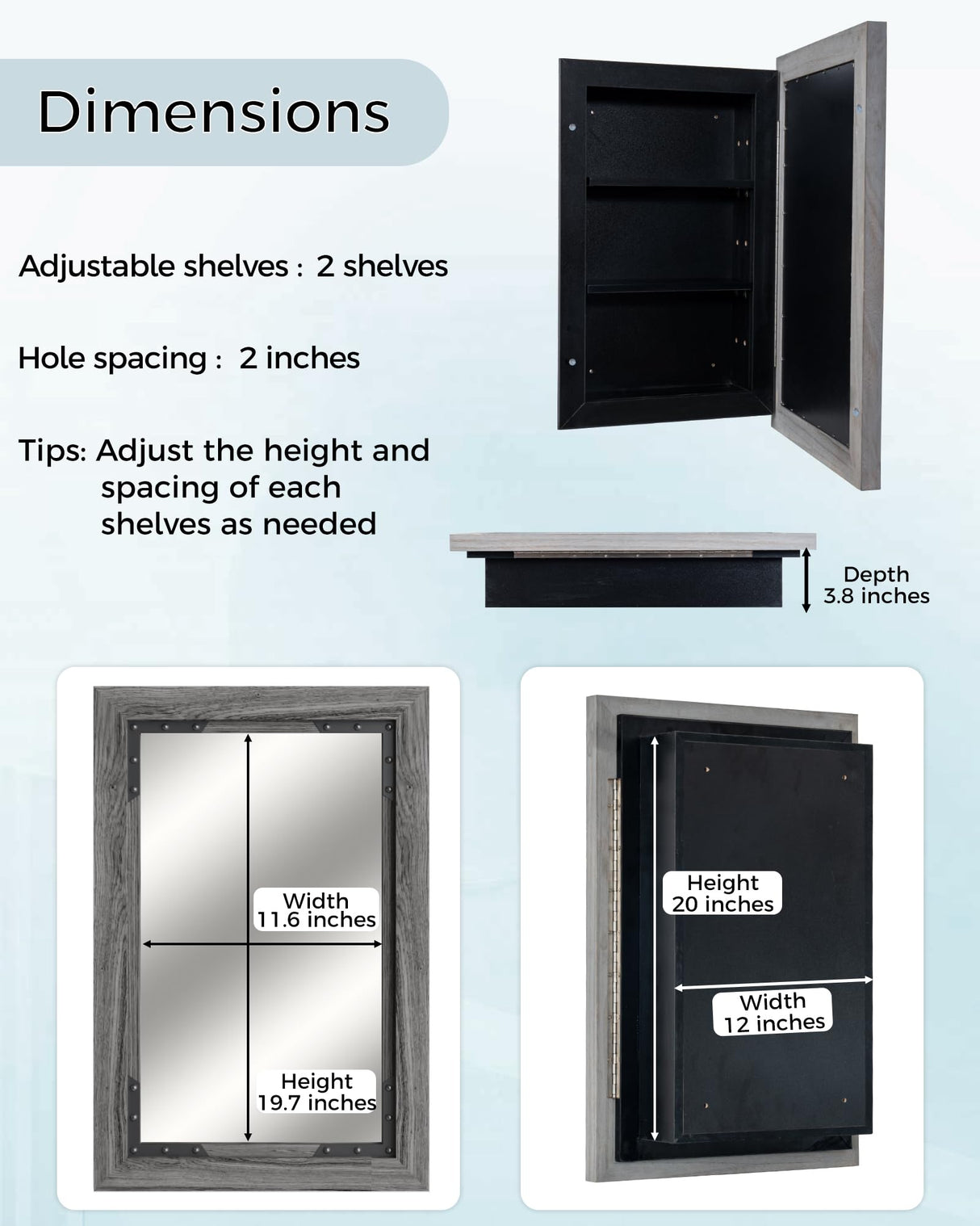 FLYJOE Medicine Cabinet Mirror 16 x 24 Inch Farmhouse Bathroom Mirror Door Solid Wood Storage Cabinet with Adjustable Shelves, Wall Mounted for Bathroom Living Room, Grey FLYJOE