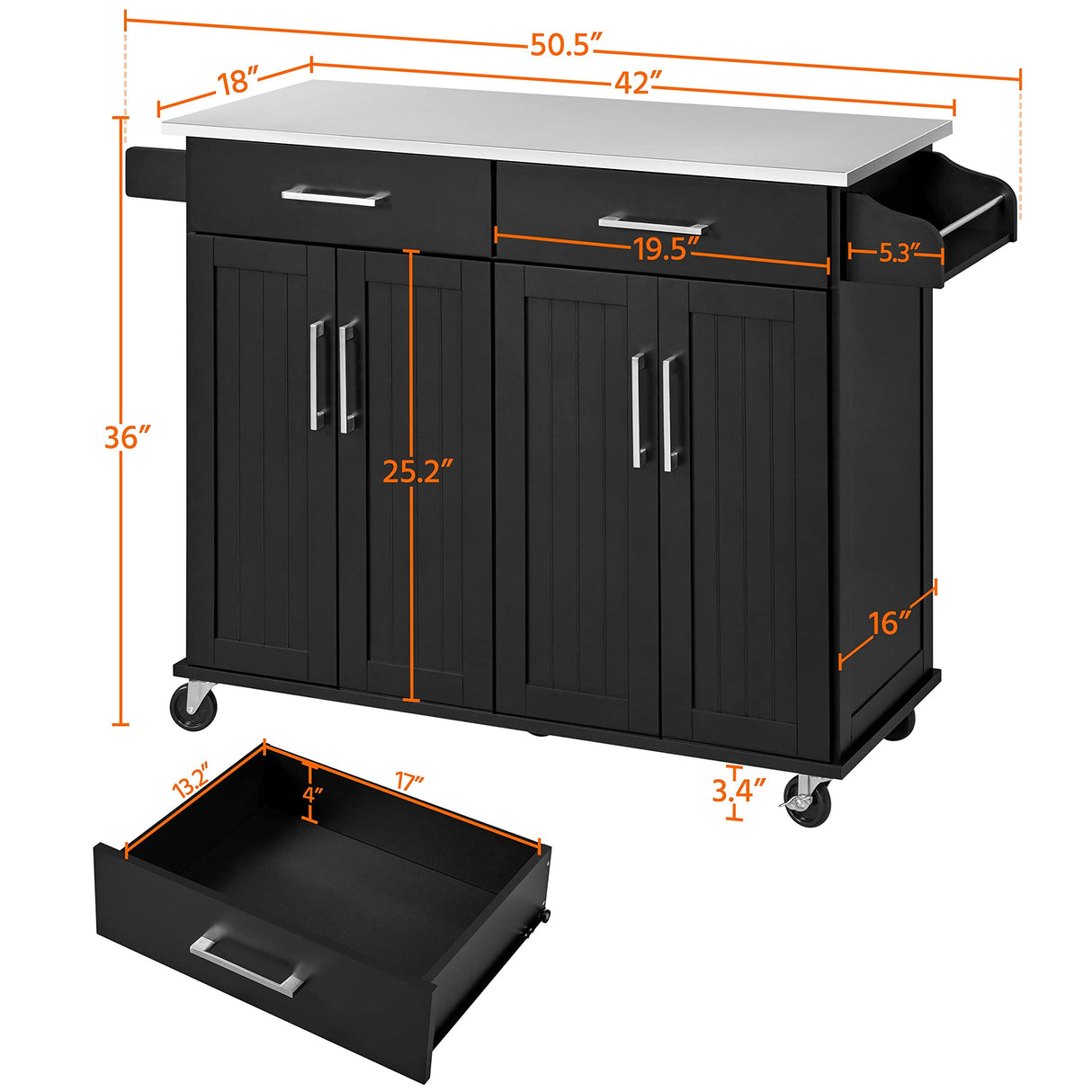 Yaheetech Rolling Kitchen Island with Stainless Steel Top, Kitchen Cart Storage Cabinet on Wheels with 2 Drawers and Inner Adjustable Shelves for Dining Room, 50.5 Inch Width, Black Yaheetech