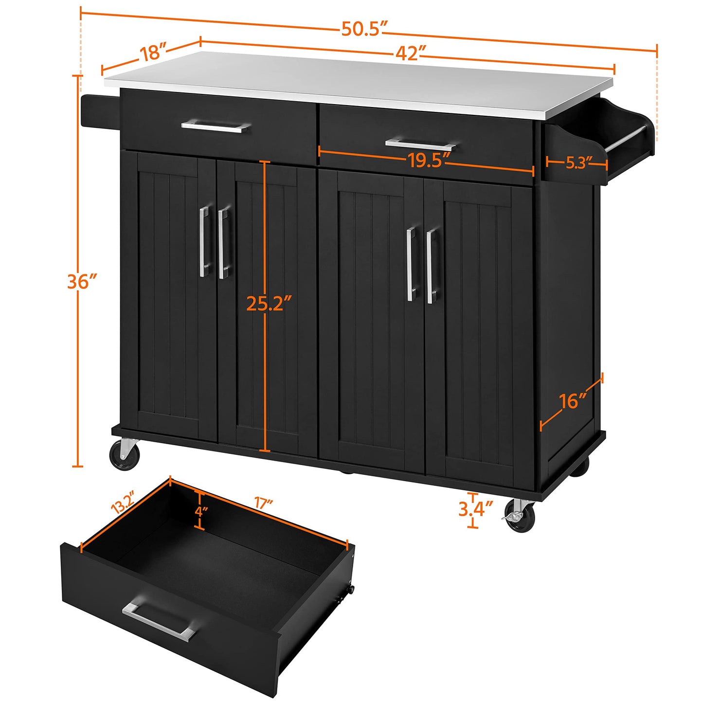 Yaheetech Rolling Kitchen Island with Stainless Steel Top, Kitchen Cart Storage Cabinet on Wheels with 2 Drawers and Inner Adjustable Shelves for Dining Room, 50.5 Inch Width, Black