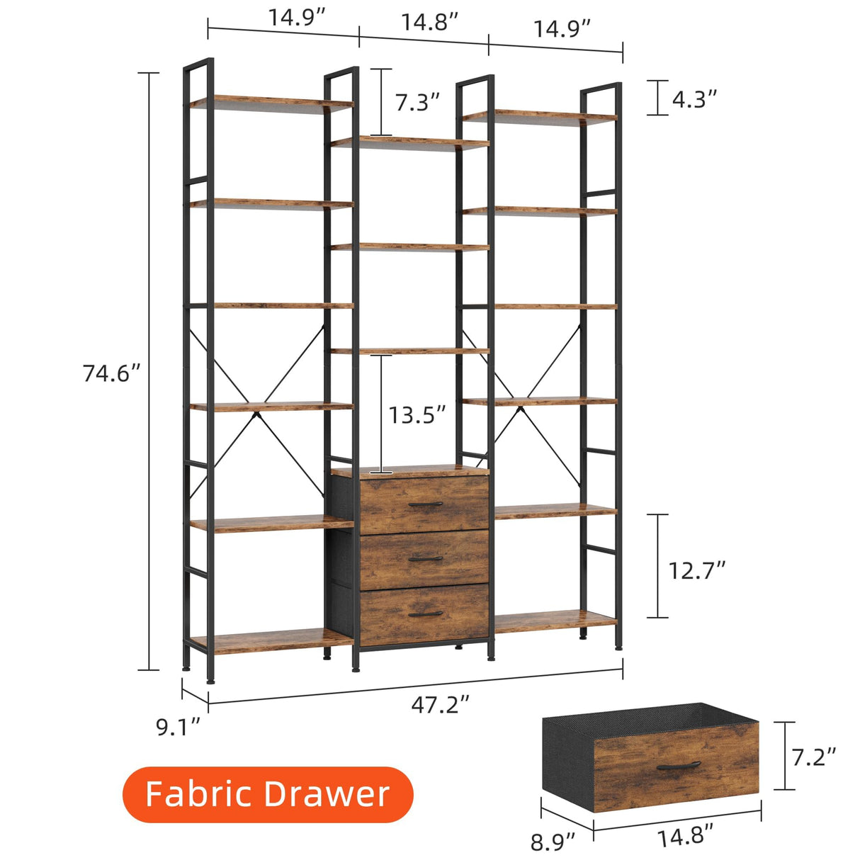 AFLUI Triple Bookshelf with 3 Fabric Drawers, 6-Tier Book Shelf and 10 Display Shelves, Industrial Large Bookcase for Home & Office, Rustic Brown, 47'' Wide AFLUI