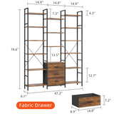 AFLUI Triple Bookshelf with 3 Fabric Drawers, 6-Tier Book Shelf and 10 Display Shelves, Industrial Large Bookcase for Home & Office, Rustic Brown, 47'' Wide AFLUI
