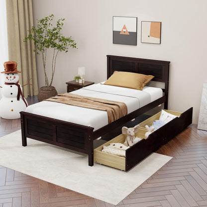 Giantex Espresso Twin Bed with Storage Drawers and Solid Wood Frame - WoodArtSupply