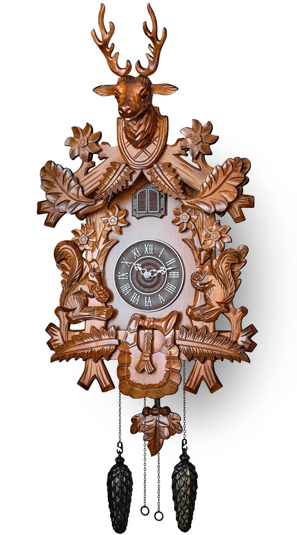 TIMEGEAR Cuckoo Clock with Automatic Night Mode, Hand Carved Deer Head and Wooden Decorations (Brown) TIMEGEAR