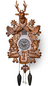 TIMEGEAR Cuckoo Clock with Automatic Night Mode, Hand Carved Deer Head and Wooden Decorations (Brown) TIMEGEAR