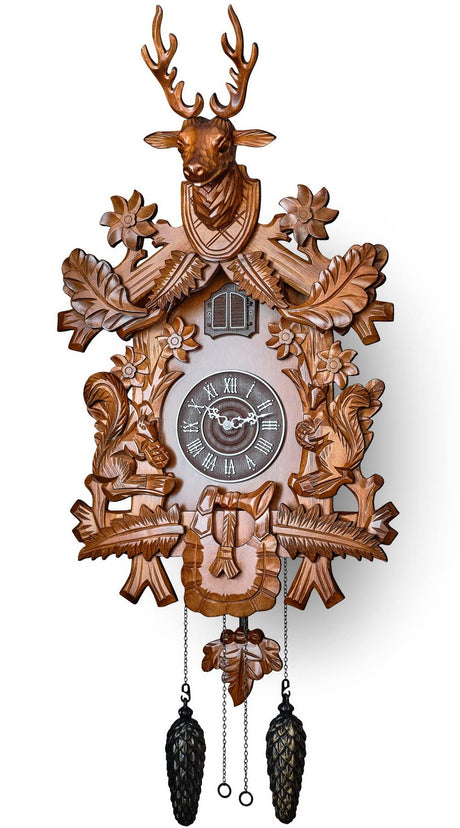TIMEGEAR Cuckoo Clock with Automatic Night Mode, Hand Carved Deer Head and Wooden Decorations (Brown) TIMEGEAR