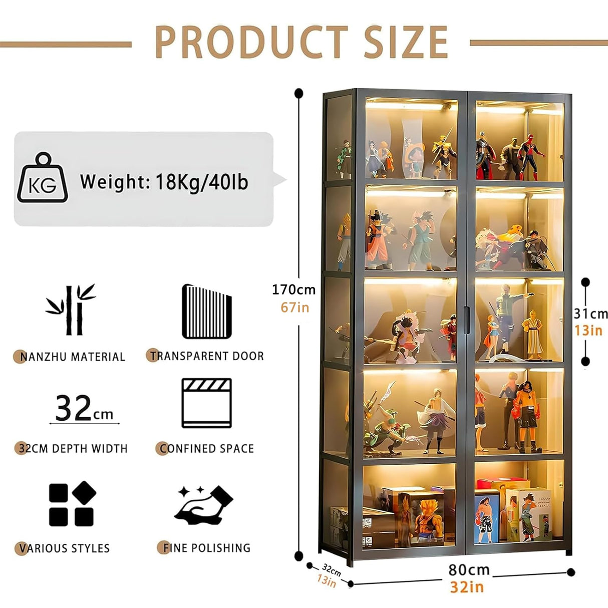 TVMCNA 67" Display Cabinet, Curio Display Cabinet with Door and 4 Adjustable Shelves, Large Capacity Storage Cabinet Collectibles Toy Display Case for Living Room TVMCNA