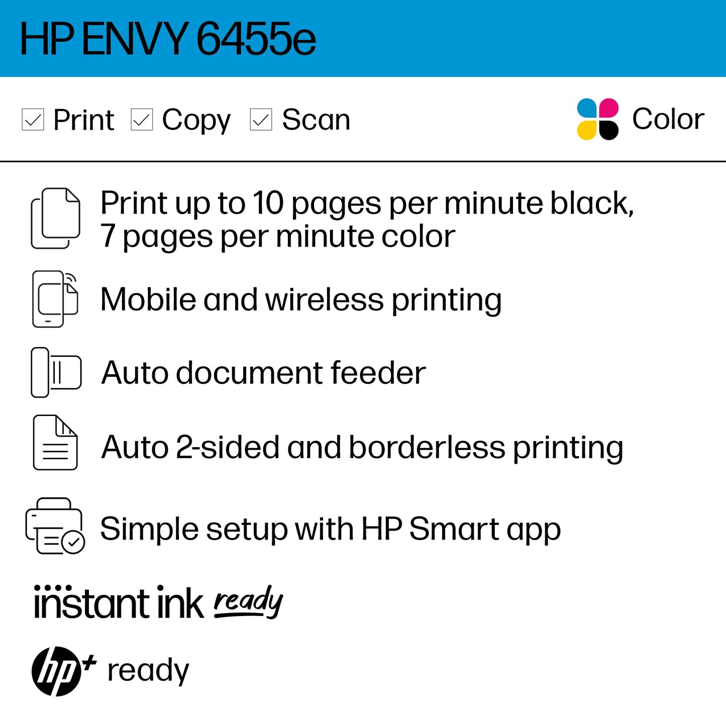 HP ENVY 6455e Wireless Color Inkjet Printer, Print, scan, copy, Easy setup, Mobile printing, Best-for-home, Instant Ink with HP+ (3 months included),white