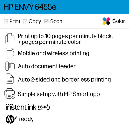 HP ENVY 6455e Wireless Color Inkjet Printer, Print, scan, copy, Easy setup, Mobile printing, Best-for-home, Instant Ink with HP+ (3 months included),white