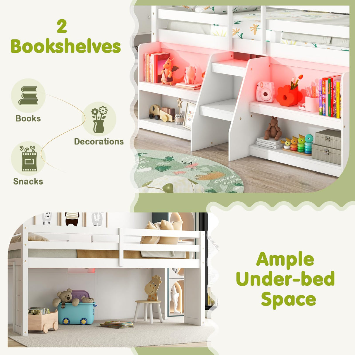 Giantex White Low Loft Bed with LED Lights, Bookcase, Storage, and Staircase for Kids Giantex