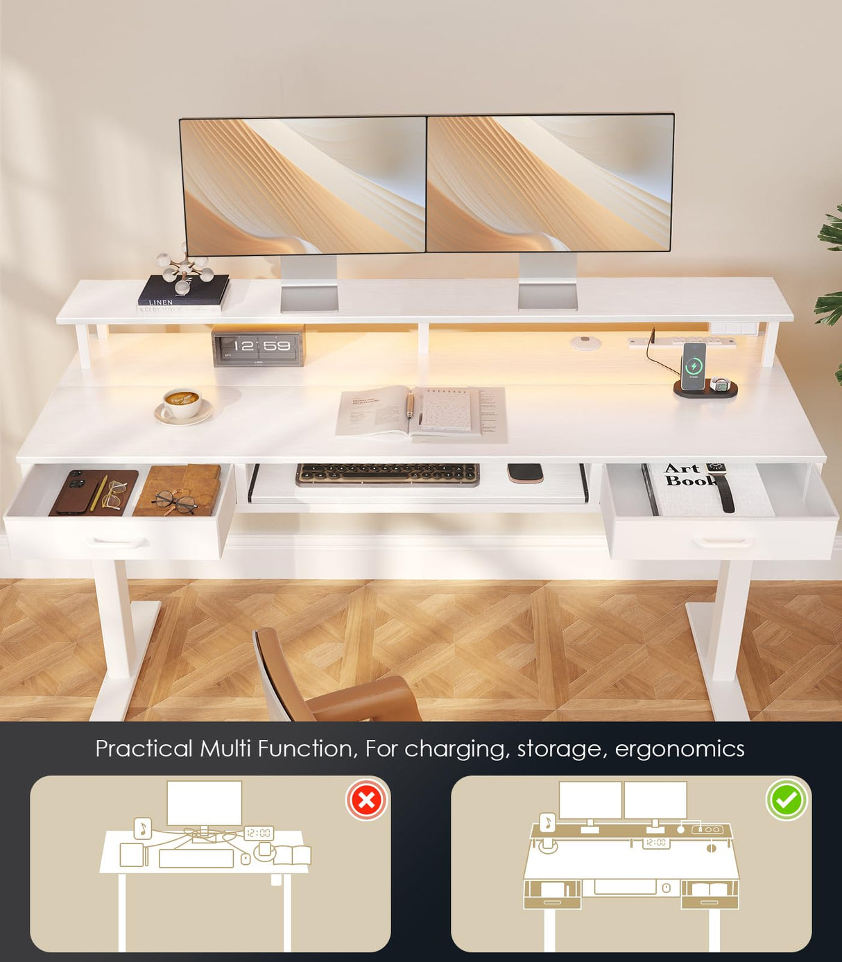 OffiGo Electric Standing Desk with Drawers & Keyboard Tray, 63 Inch Height Adjustable Desk with Power Outlets & LED Lights, Sit Stand Table with Monitor Stand for Home, Office, White OffiGo