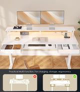OffiGo Electric Standing Desk with Drawers & Keyboard Tray, 63 Inch Height Adjustable Desk with Power Outlets & LED Lights, Sit Stand Table with Monitor Stand for Home, Office, White OffiGo