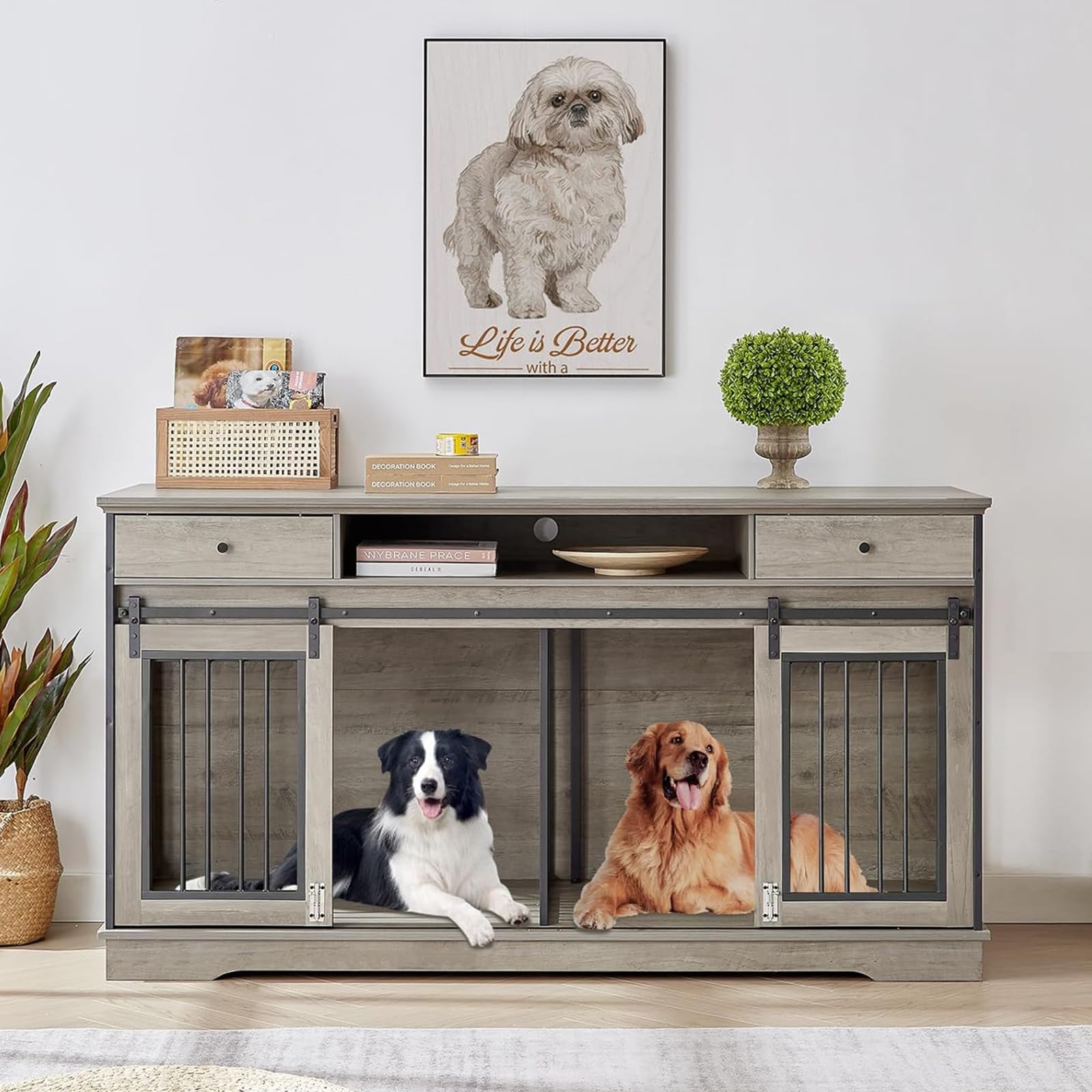 Rovibek 66'' Double Dog Crate Furniture for 2 Dogs, Double Dog Kennel Furniture, Heavy Duty Dog Crate, Furniture Style Dog Crate End Table, Wood Crates for Dogs Kennel Indoor - WoodArtSupply