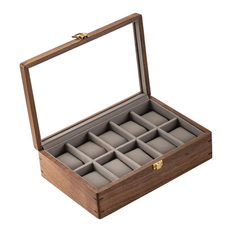 muso wood Watch Display Box, 10 Slot Watch Case for Men, Watch Organizer Box with Glass Lid, Watch Case with Removable Velvet Pillow, Father's Day Gift - 10 Slot, Walnut muso wood