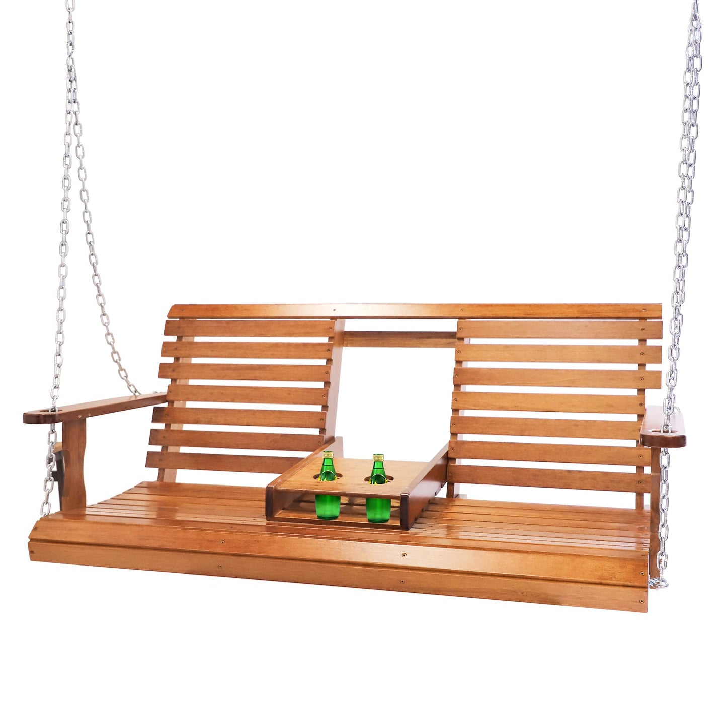 Vilobos Wooden Porch Swing with Folding Cup Holders 2-Seater, Patio Swing Bench for Outdoor Heavy Duty Chains, 500 lbs Weight Capacity Hanging Swing for Garden, Backyard, Front Porch, Balcony - WoodArtSupply