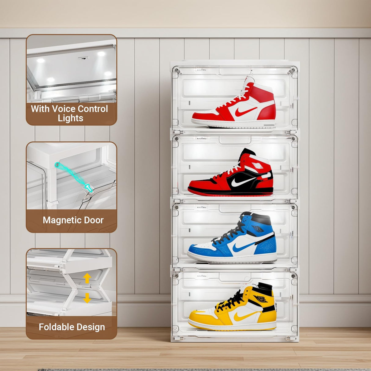 BROVIEW Led Shoe Boxes, Shoe Display Case with Lights, Large Clear Plastic Foldable Shoe Storage Box, Voice Activated Led Shoe Organizer Sneaker Case, Collection Crate, 1 Row 4 Tier White BROVIEW