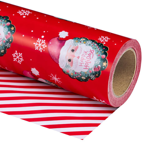 WRAPAHOLIC Reversible Christmas Wrapping Paper - Mini Roll - 17 Inch x 33 Feet - Red Santa Claus and Stripes Design for Christmas, Holiday, Party Celebration WRAPAHOLIC