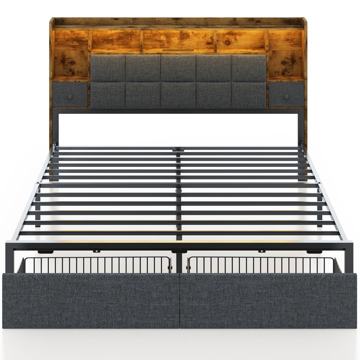 TIGUBFRE King Size Bed Frame with Bookcase Storage Drawers, LED Lights, Upholstered Platform Bed Frame with Headboard, Charging Station, Metal Slats Support, Noise Free, No Box Spring Needed, Grey TIGUBFRE