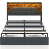 TIGUBFRE King Size Bed Frame with Bookcase Storage Drawers, LED Lights, Upholstered Platform Bed Frame with Headboard, Charging Station, Metal Slats Support, Noise Free, No Box Spring Needed, Grey TIGUBFRE
