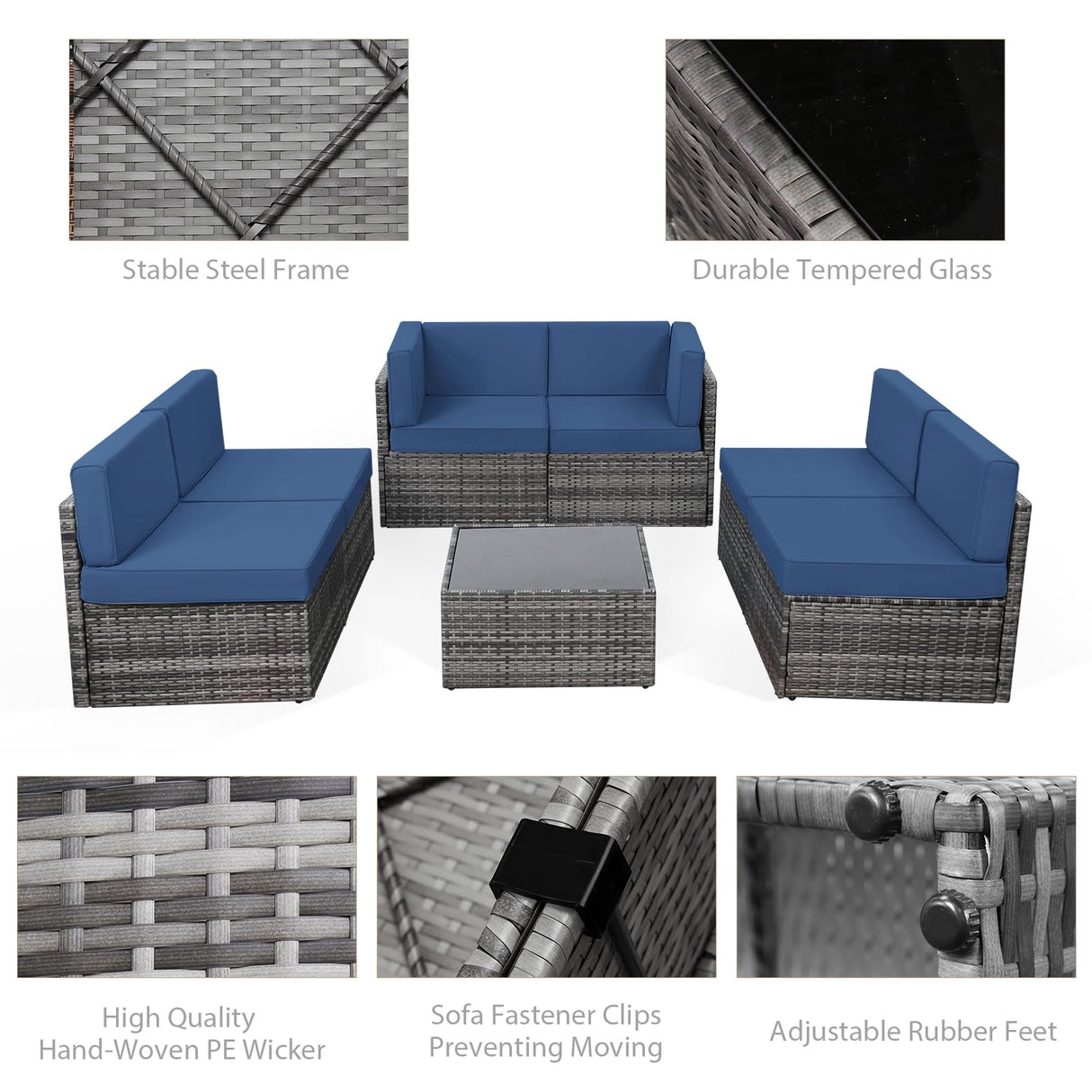 U-MAX 7 Piece Outdoor Patio Furniture Set, PE Rattan Outdoor Grey Wicker Furniture, Outdoor Sectional Furniture Chair Set with Cushions and Tea Table, Grey Rattan and Navy Cushion U-MAX