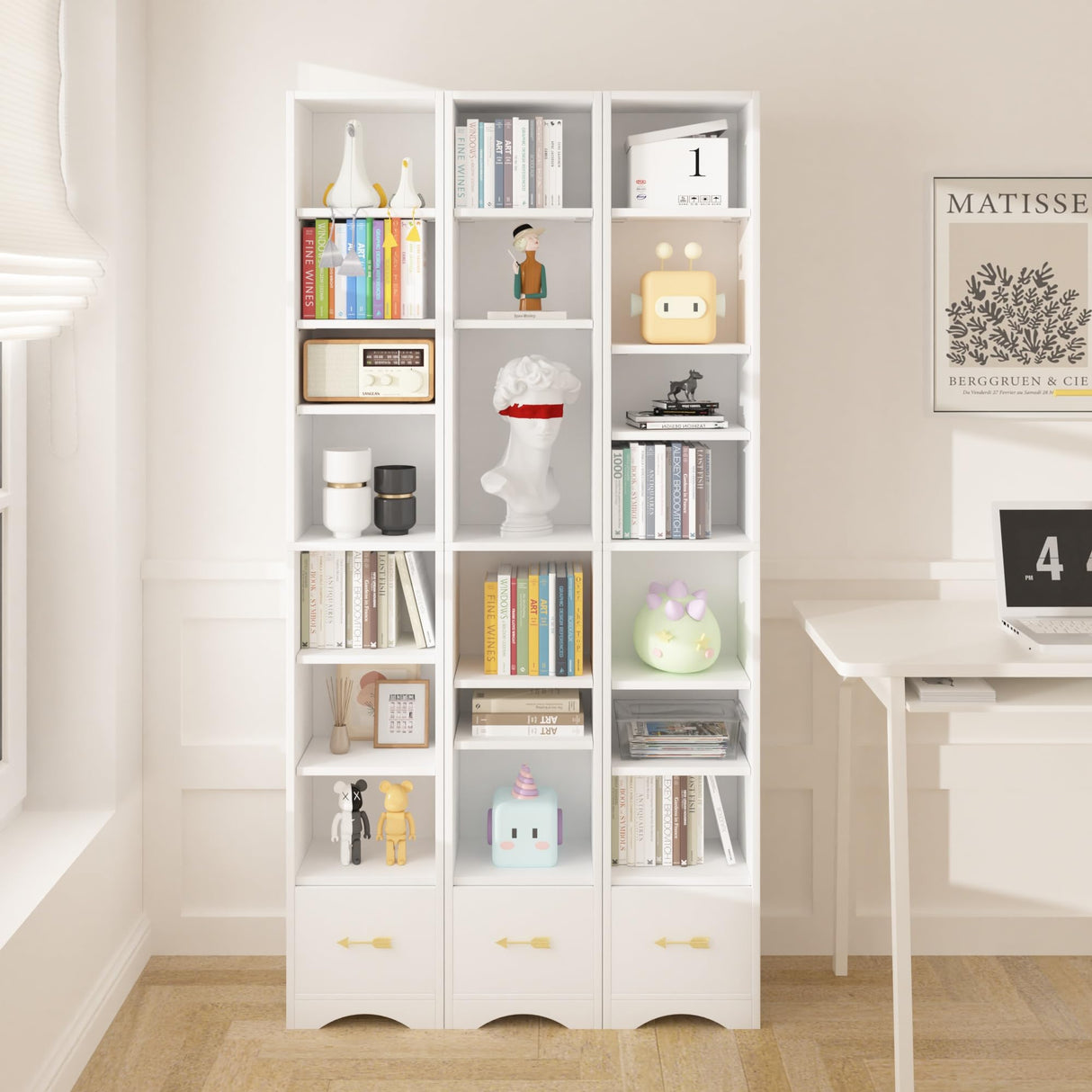 VECELO 8-Tier Narrow Bookshelf, Modern Tall Bookcase with Adjustable Shelves, Raised Base & Fabric Drawer, Storage Rack for Living Room, Bedroom, Office, White VECELO