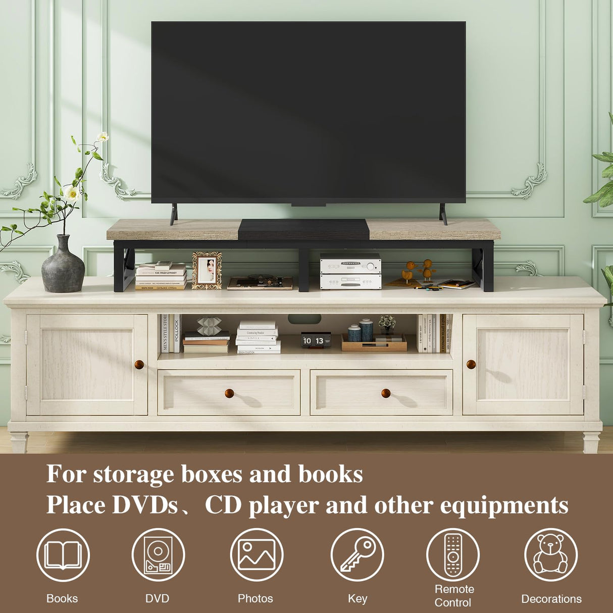 IBUYKE 45" Large TV Riser for 32-60 inch TV,Tabletop Short TV Stand with Storage and Steel Legs,Dual Screen Office Desk,Stand Riser,TV Riser Stand for Home,Bedroom,Living Room,Greige Black TVT002YB IBUYKE