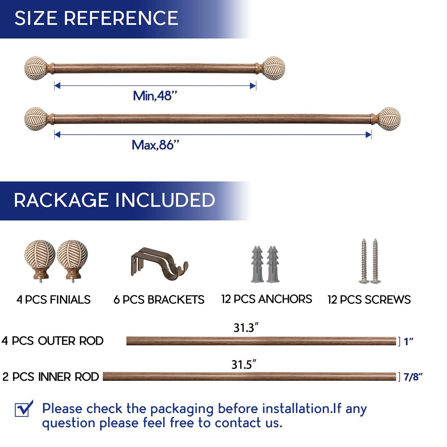 Wood Curtain Rods for Windows: 1 Inch Diameter Adjustable Drapery Rods 48" to 86",2 Pack Curtain Rods with Imitation Wood Grain Leaf Pattern Finials - WoodArtSupply