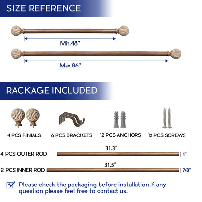 Wood Curtain Rods for Windows: 1 Inch Diameter Adjustable Drapery Rods 48" to 86",2 Pack Curtain Rods with Imitation Wood Grain Leaf Pattern Finials