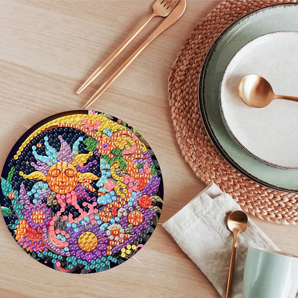 ijbnhd 8 Pcs Sun & Moon Diamond Art Coasters with Holder-DIY Sun & Moon Diamond Painting Coasters 5D Art Coaster with Cork Pads for Adults for Holiday Gift ijbnhd