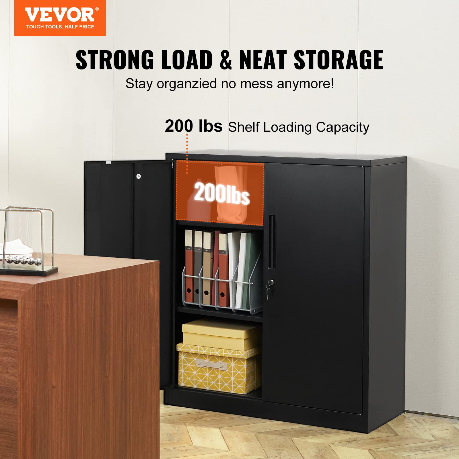 VEVOR Metal Storage Cabinet with 2 Magnetic Doors and 2 Adjustable Shelves, 200 lbs Capacity per Shelf, Locking Steel Storage Cabinet, 42'' Metal Cabinet with 3 Keys, for Home, Office, Garage - WoodArtSupply