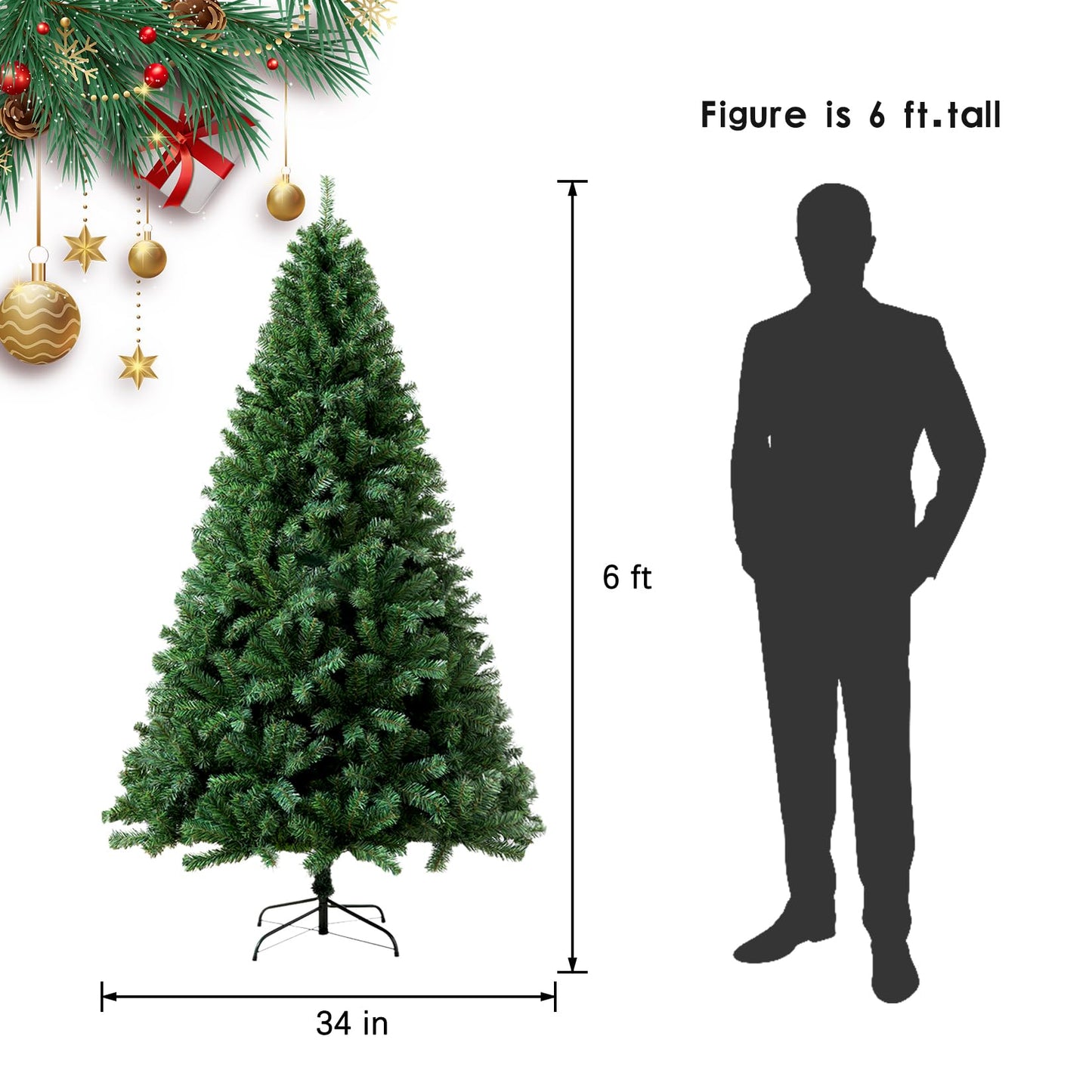 6ft Artificial Christmas Tree, Arbol de Navidad with 1000 Branch Tips, Fake Christmas Tree, Premium Spruce Xmas Tree with Fold-Able Metal Base Stand