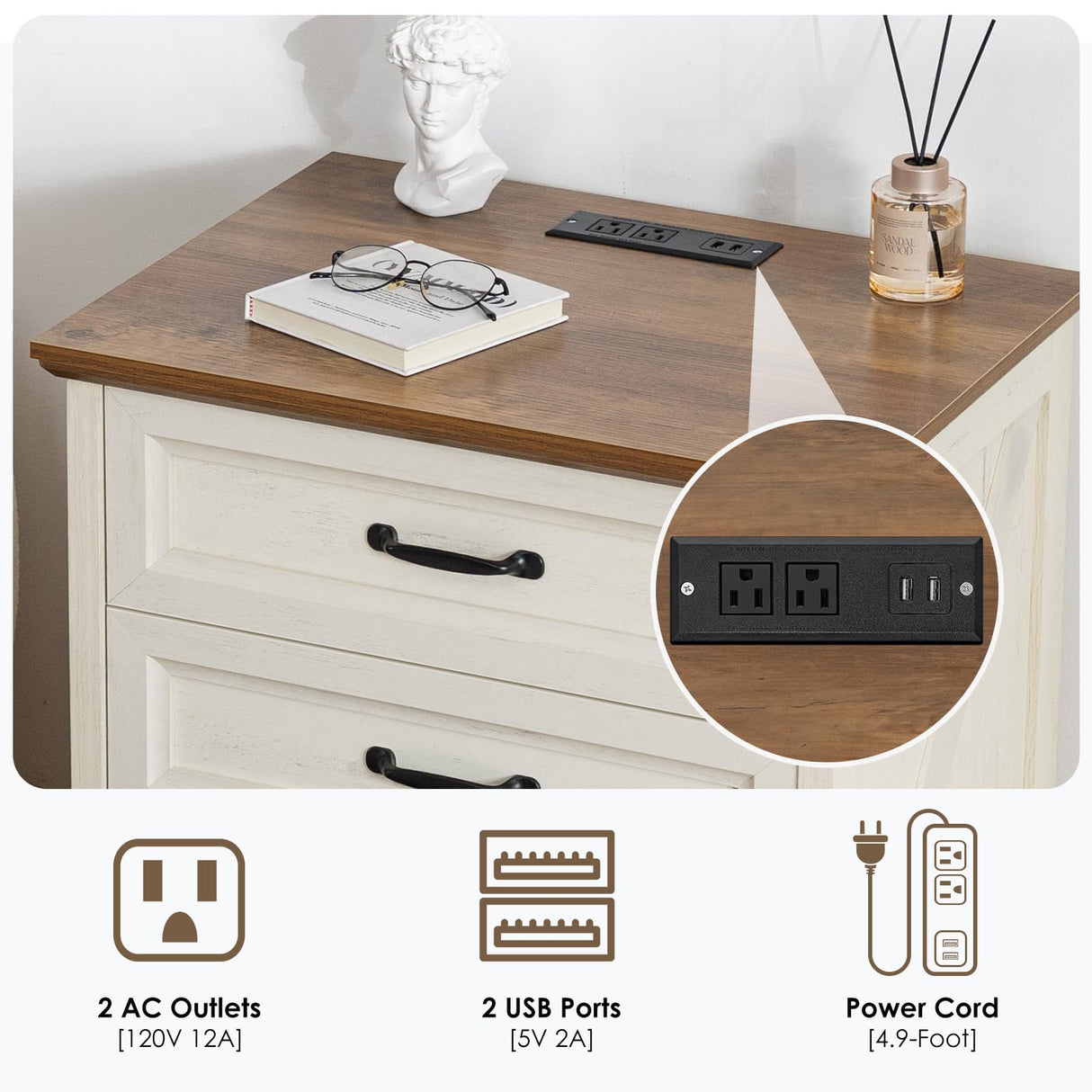 HOMMPA 24'' Farmhouse Nightstand with Charging Station, Bedside Tables with Storage, Side Table with USB Port, 3 Drawers End Table Dresser, Wood Night Stand for Bedroom, Living Room, Rustic White HOMMPA