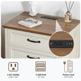 HOMMPA 24'' Farmhouse Nightstand with Charging Station, Bedside Tables with Storage, Side Table with USB Port, 3 Drawers End Table Dresser, Wood Night Stand for Bedroom, Living Room, Rustic White HOMMPA
