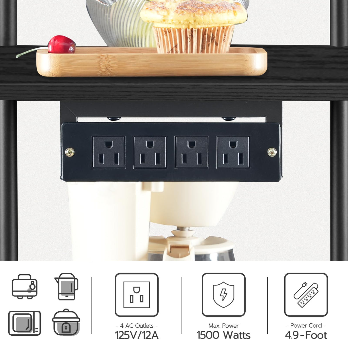 HOOBRO Kitchen Bakers Rack with Power Outlet, 5-Tier Free Standing Kitchen Storage Shelf Rack, Microwave Stand with 4 S-Shaped Hooks, Black BB55UHB01 HOOBRO