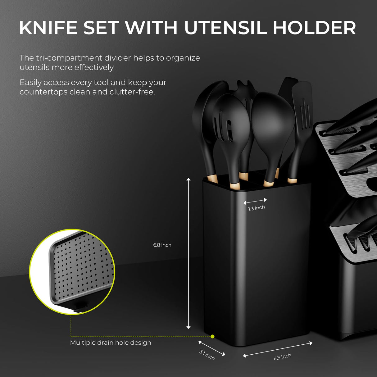 syvio Knife Set, 21pcs Utility Knife Sets for Kitchen with Block and Sharpener, Razor-Sharp, Effortless Sharpening, Premium Kitchen Knives with 6 pcs Kitchen Utensils Set and Utensil Holder, Black syvio