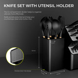 syvio Knife Set, 21pcs Utility Knife Sets for Kitchen with Block and Sharpener, Razor-Sharp, Effortless Sharpening, Premium Kitchen Knives with 6 pcs Kitchen Utensils Set and Utensil Holder, Black syvio