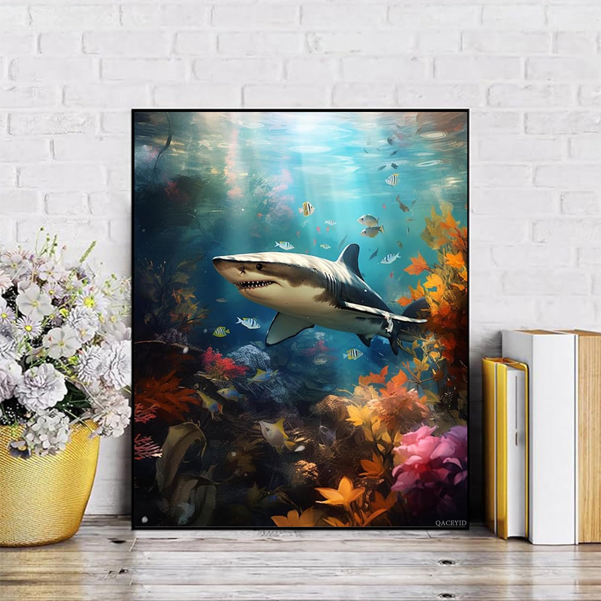 QACEYID Paint by Numbers Sharks for Adults, Acrylic Oil Painting by Numbers Kits for Beginner with Paintbrushes Brushes Art Crafts Canvas for Home Decor 16x20 inch QACEYID