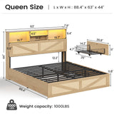 AOGLLATI Queen Bed Frame with 4 Storage Drawers and 2-Tier Bookcase Hidden Headboard, Rattan Led Bed Frame Queen Size with Charging Station, No Box Spring Needed, Wood AOGLLATI