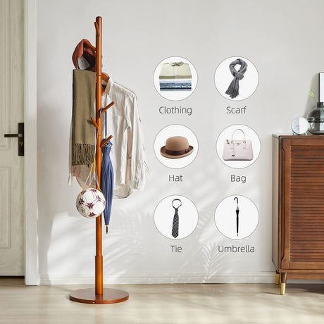 Aibiju Wood Coat Rack Freestanding, Coat Stand with 8 Hooks, Kids Coat Tree with 3 height options and Sturdy Base, Rustic Coat Rack Small Hall Tree Brown YD-1008 Aibiju