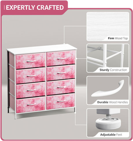 Sorbus Dresser with 8 Drawers - Furniture Storage Chest Tower Unit for Bedroom, Hallway, Closet, Office Organization - Steel Frame, Wood Top, Easy Pull Fabric Bins (8-Drawer, Pink) Sorbus