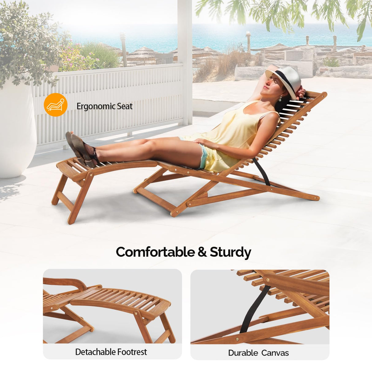 VINGLI FSC Acacia Wood Folding Outdoor Chairs Lounge Chair, Weather-Resistant Wooden Folding Chairs Patio Chair Furniture for Deck Fire Pit Porch Camping, Up to 350LBS VINGLI