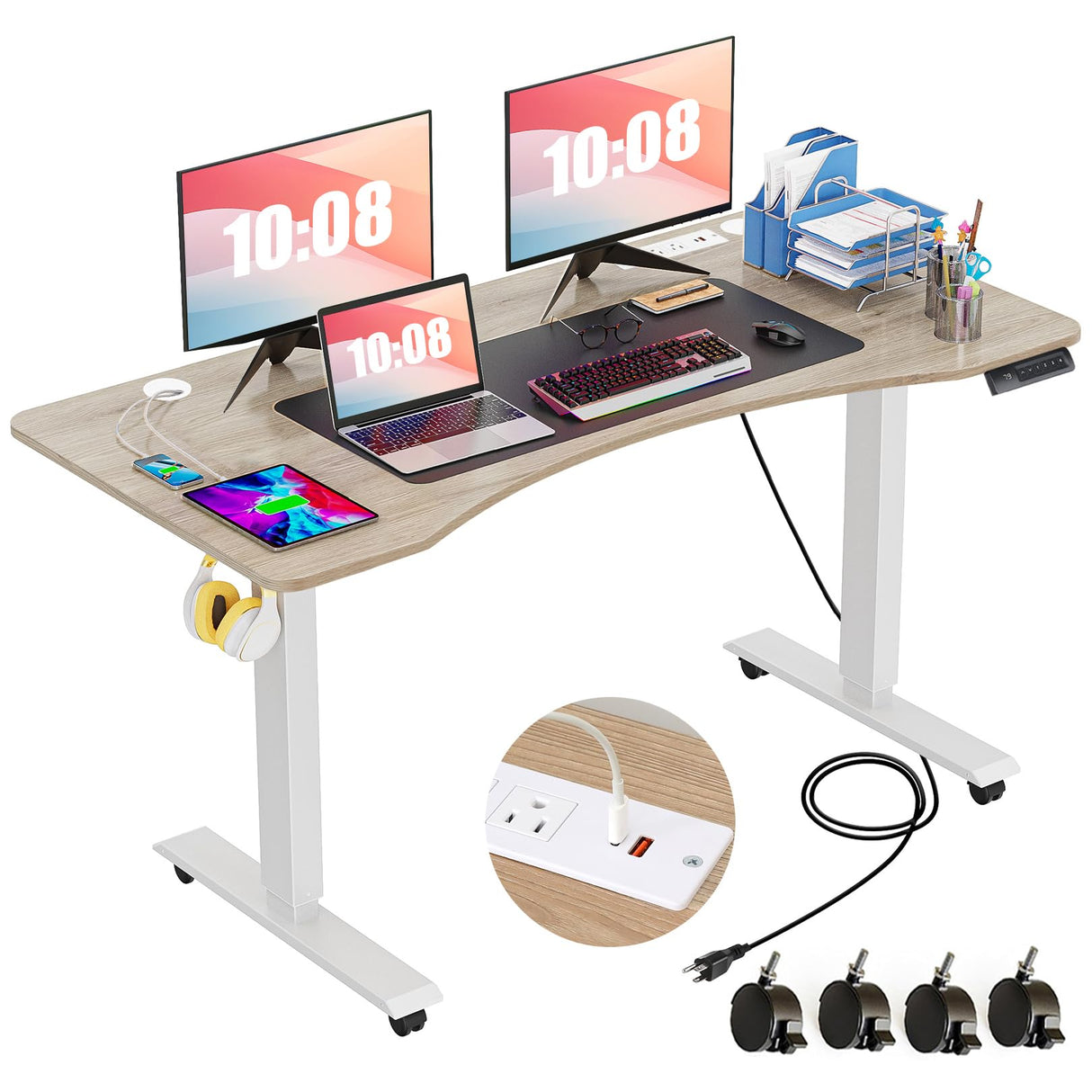 farexon 55 x 24 inch Electric Height Adjustable Standing Desk with Charging Station, Stand up Desk with Big Mouse Pad, Ergonomic Curved Workstation, 4 Caster, 4 Preset Heights Easy to Set(Oak Grey) farexon