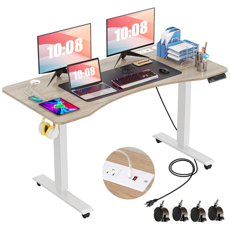 farexon 55 x 24 inch Electric Height Adjustable Standing Desk with Charging Station, Stand up Desk with Big Mouse Pad, Ergonomic Curved Workstation, 4 Caster, 4 Preset Heights Easy to Set(Oak Grey) farexon