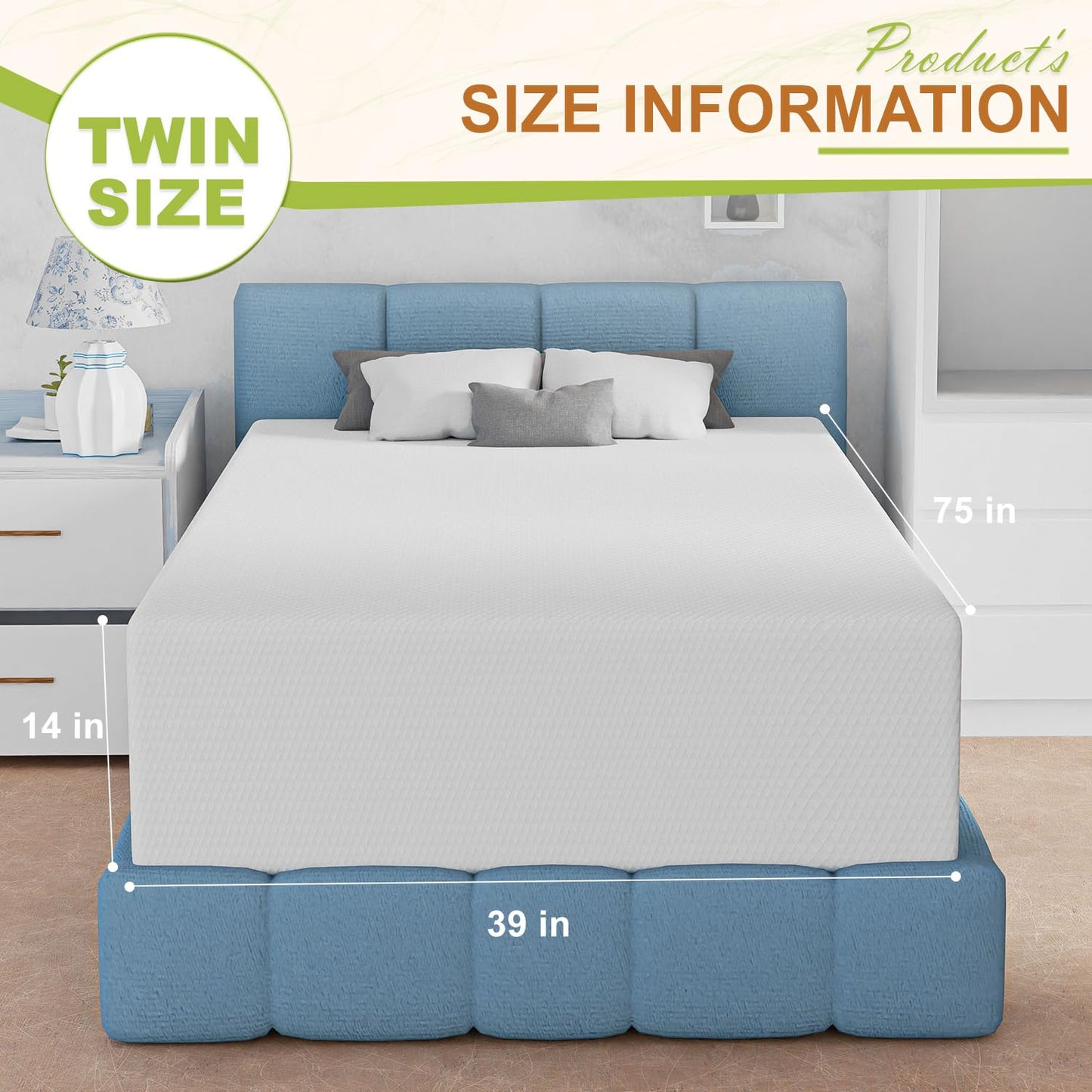 14 Inch Twin Mattress, Gel Memory Foam Twin Size Mattress, Pressure Relieving, Cooling Gel Foam, Twin Mattress in a Box, Certipur-Us Certified, Bed-in-a-Box, Twin, 75"L x 39"W x 14"Th, White